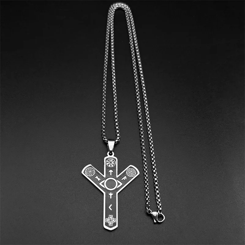Nordische Wikinger-Rune-Auge des Versorgungskompass-Kreuz-Anhänger-Halskette für Damen und Herren, keltischer Knoten-Symbol-Kette, Wahrsagerei-Schmuck – Detail 4