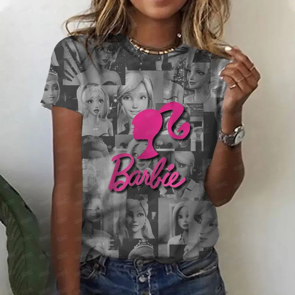 Barbie Cartoon Print Short Sleeve T-Shirt Women Top Crew Neck Sweatshirt Yoga Clothes Uniform Anime Kawaii Oversize Girls Jacket