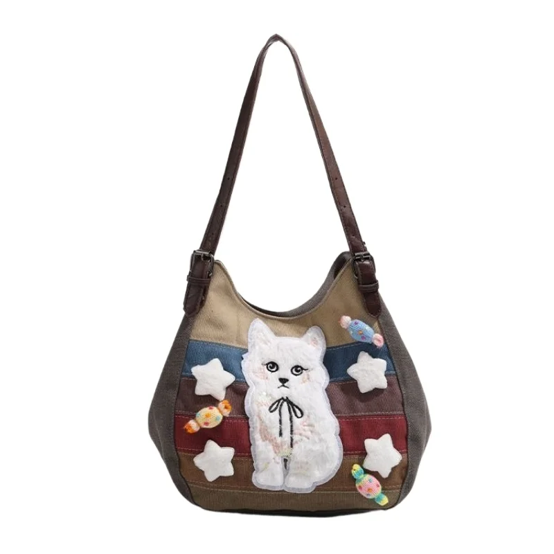 

Original Kitten Tote Bag 2026 New Commuter Millennium Large Capacity Striped Shoulder Crossbody Bag Temperament Canvas Handbag