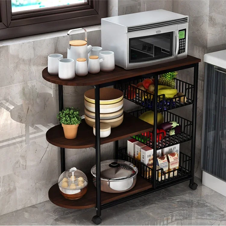 Multi-function Metal Wooden Kitchen Trolley, Cart Shelf Storage, Vegetable Fruit Basket, Shelves Organizer, Microwave Oven Rack