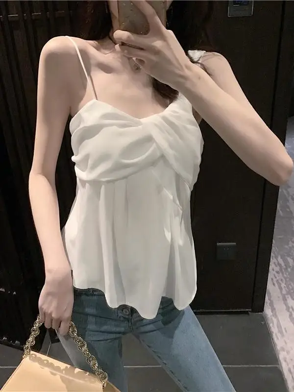 

Лето 2023: Женская асимметричная блузка без рукавов с открытыми плечами в корейском стиле, с завязками на талии, однотонная, универсальная.