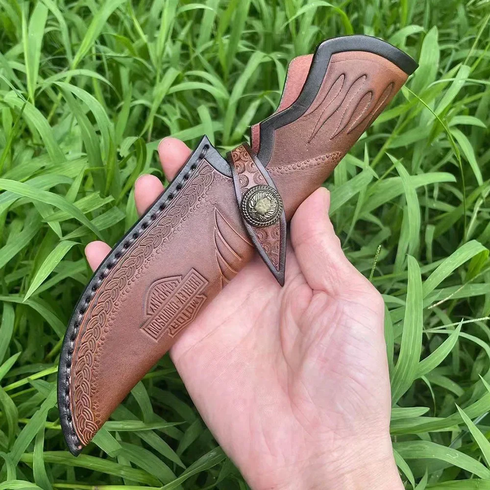 25.5cm Fixed Blade Knife Scabbard Embossed Cowhide Top Grain Leather Camping Knife Case Hunting Holsters with Belt Buckle