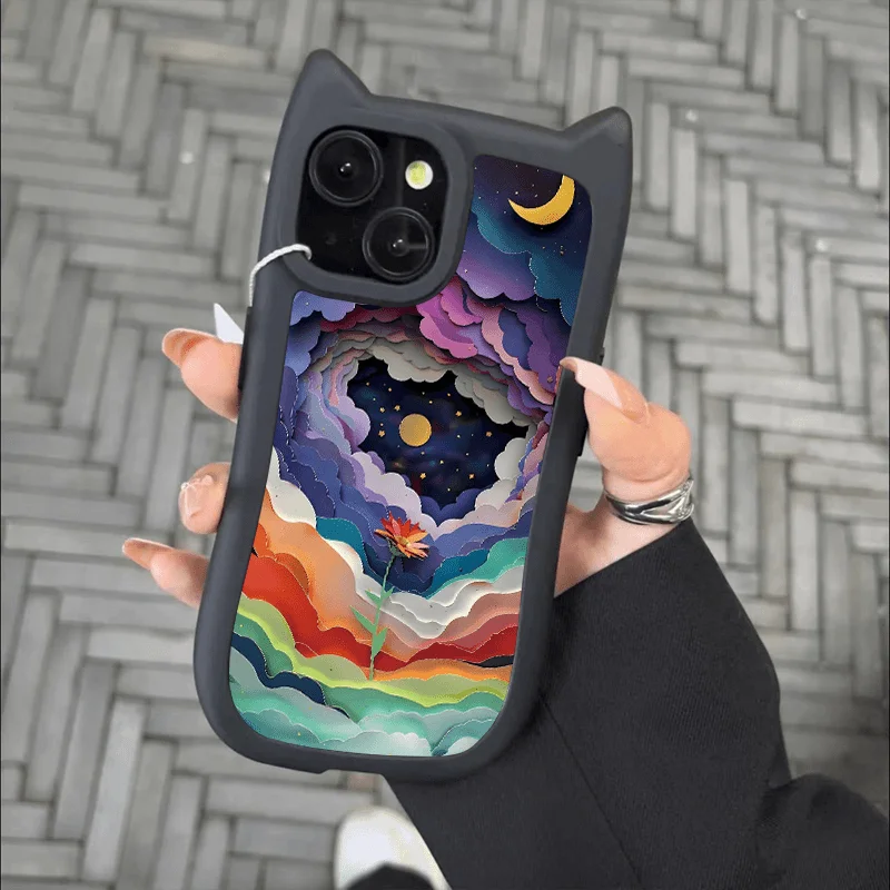 

Fantasy oil painting three-dimensional cat ear phone case suitable for iPhone 16 15 14 13 12 11 Pro/ Max/Plus shockproof