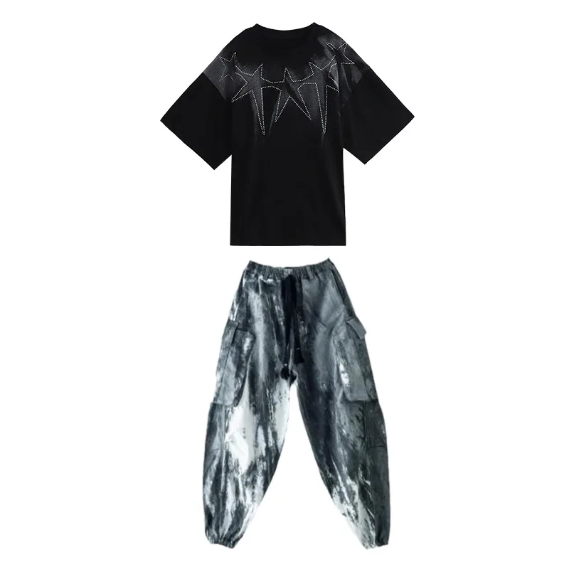 4-16 Years Old Summer Kids Black Short Sleeve T-Shirt Girls Hip Hop Loose Pants Boys Street Style Dance Clothes