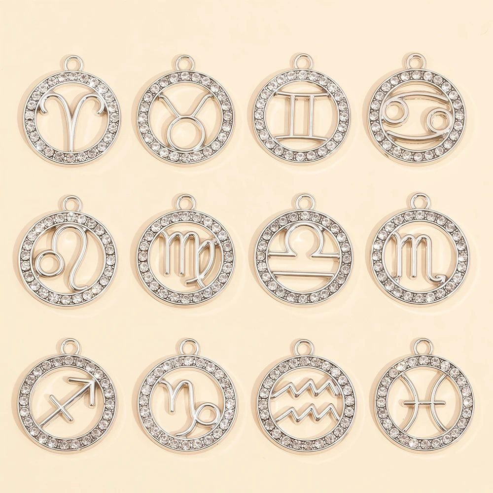 10/12Pcs Trendy Silver-plated and Zircon Twelve Constellation Charms For Jewelry Making Supplies Gemini Aquarius Cancer Pendant