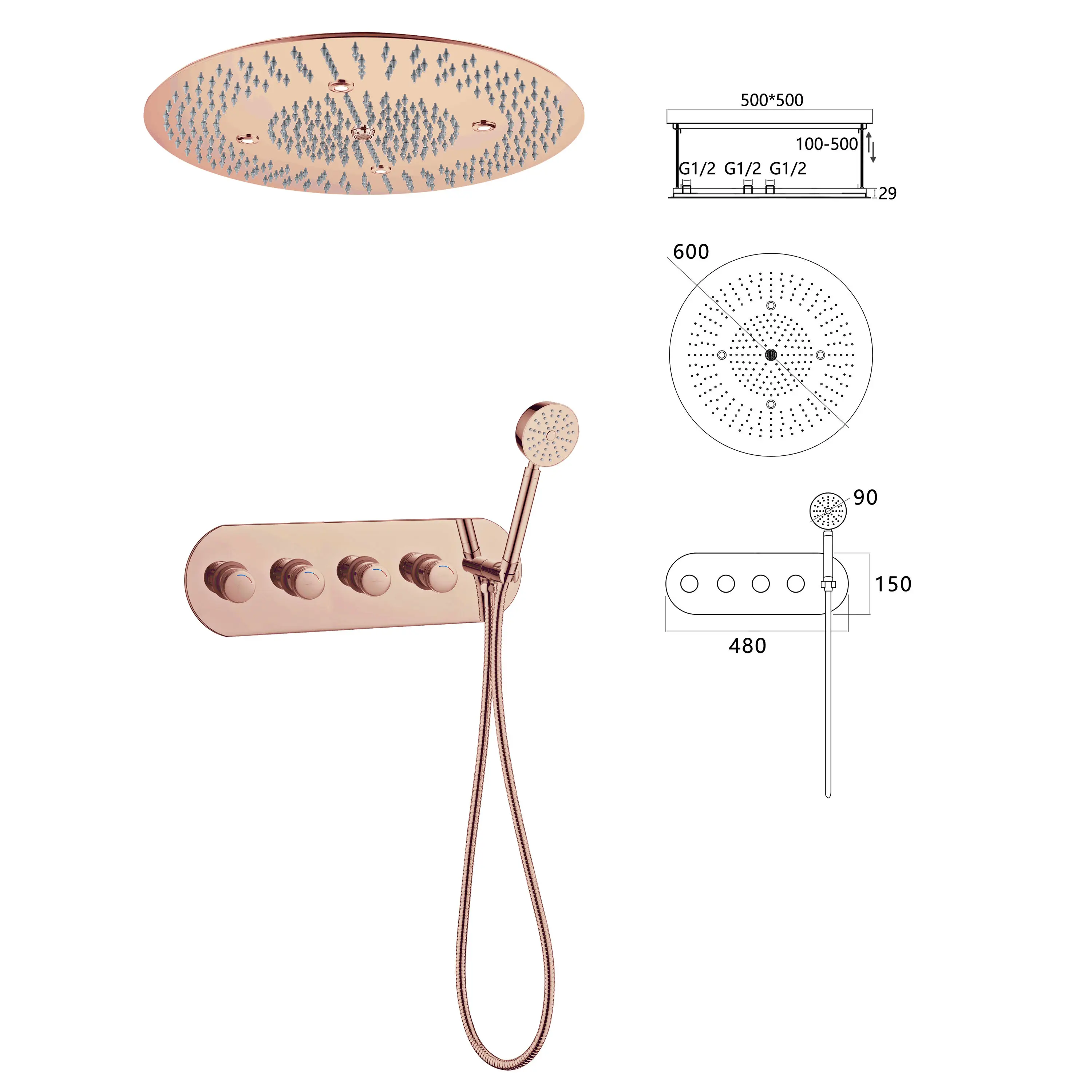 Rose Gold 600mm Round Canopy Concealed Shower System, Thermostatic Switch, Rainfall Function, Solid Copper led Shower Faucet