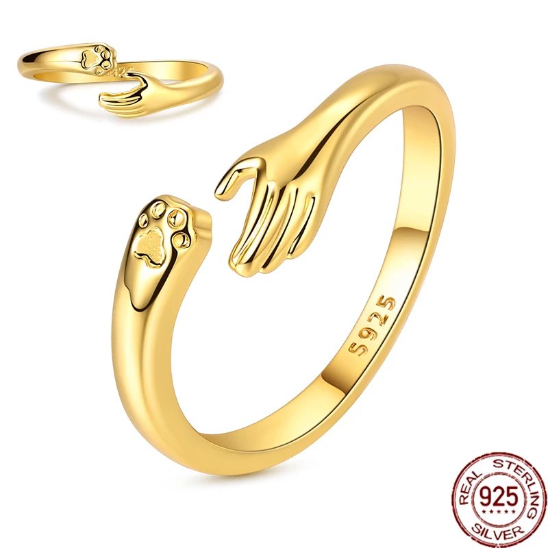 Real S925 Sterling Silver Gold Plated Hug Pet Hand Open Rings Simple Silver Ring For Women Party Jewelry Anniversary Fine Gift