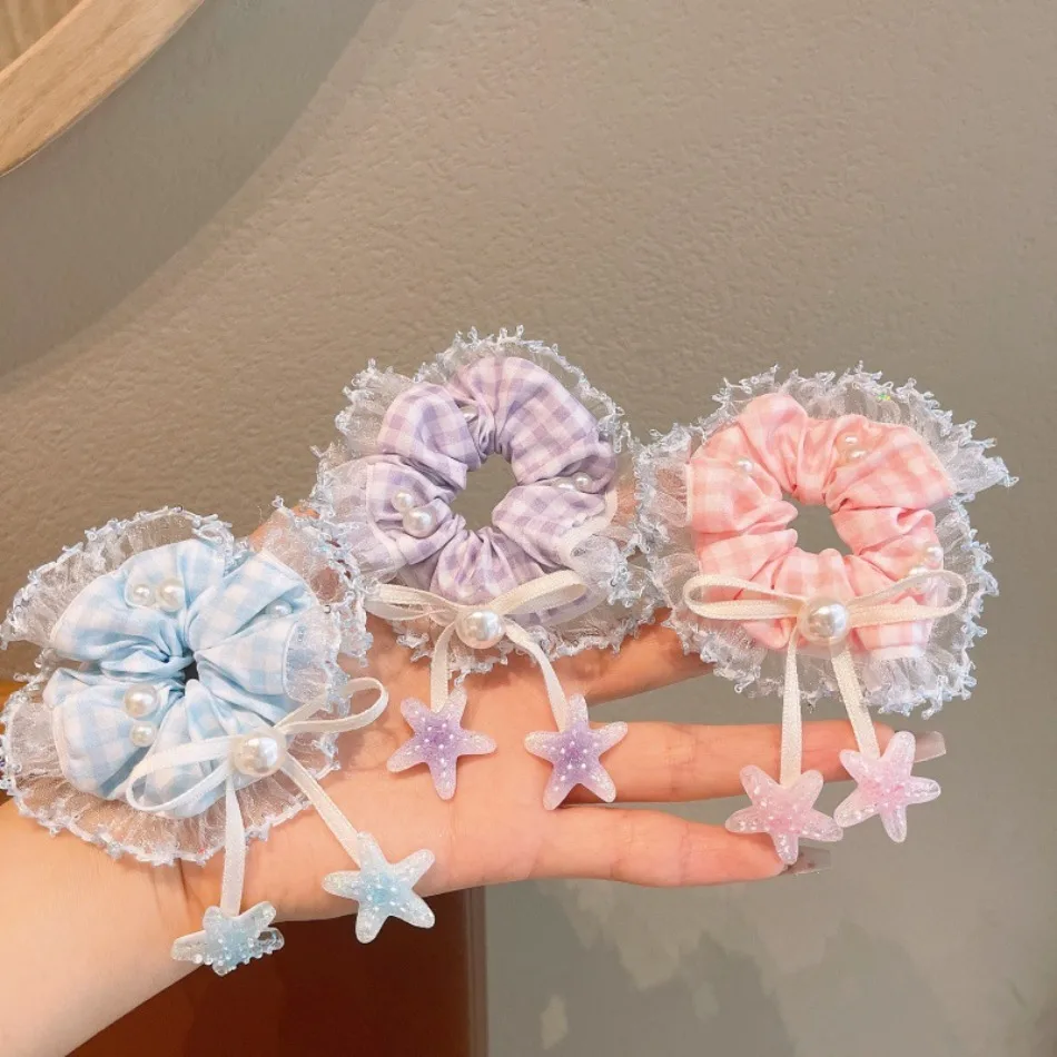

Cute Lady Plaid Lace Scrunchies for Girls with Pearl Bow & Star Pendant Sweet Elastic Hair Ties Kids Ponytail Holders Ring ZX07