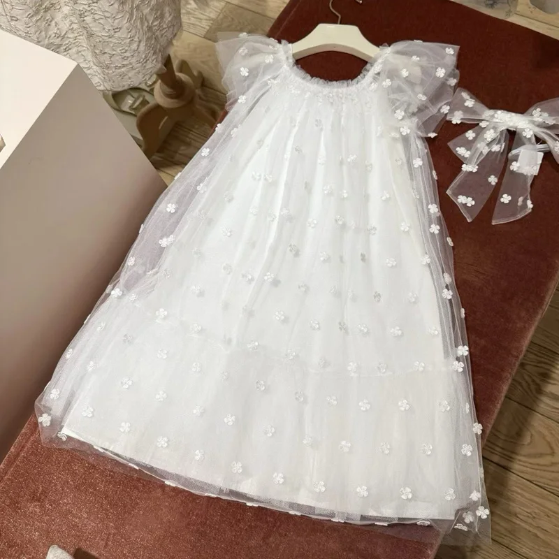In Stock 2026 Summer BP Baby Girls White Embroidered Mesh Skirt Birthday Party Dress for Girls Two Piece Detachable Dress Set