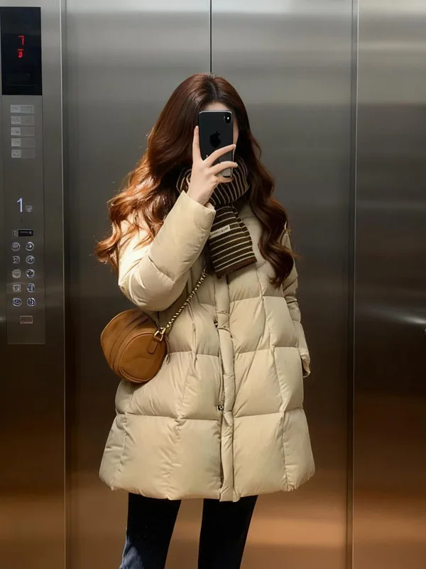 

Women's Mid-Length Super Thickened Cotton Jacket Korean Style Winter Outerwear Straight Cut Long Sleeve Single Button Closure