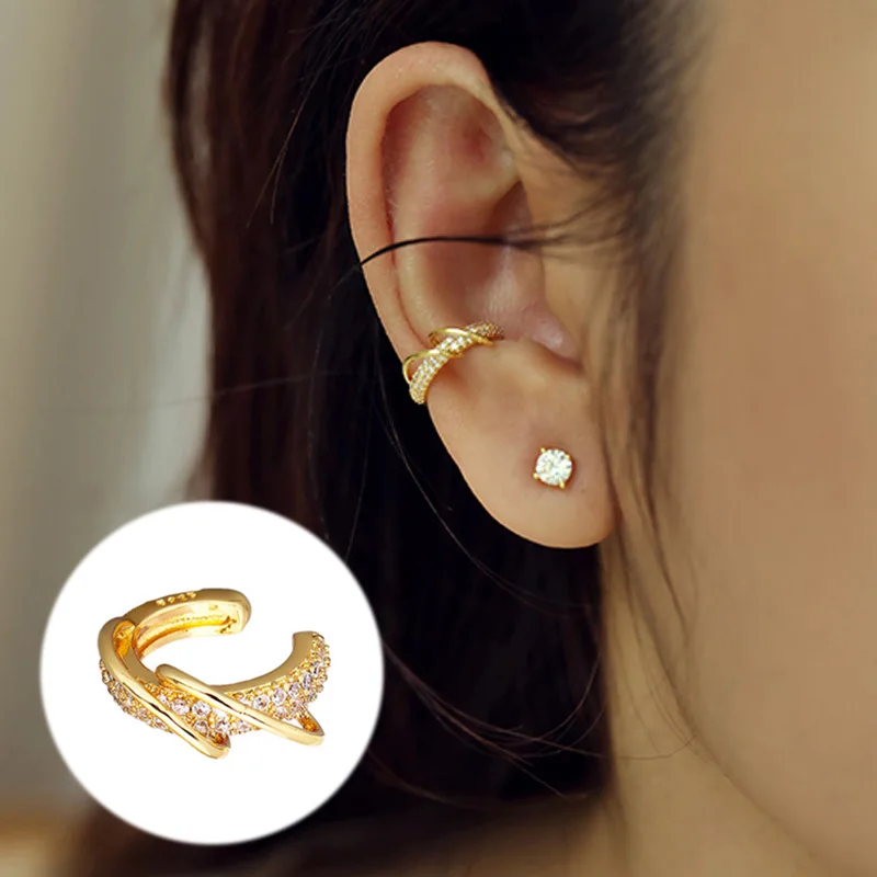 1PC Chic Shiny CZ Non Piercing Ear Bone Clip Earrings for Female Double Line Winding Daith Helix Orbital Earing Jewelry EF019