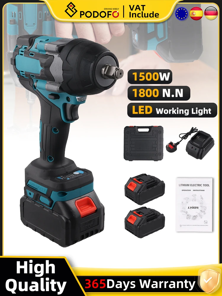 Podofo 1800N.M Borstelloze Elektrische Slagmoersleutel Hoog Koppel 1/2 Inch Industriële Accuschroevendraaier Boor Voor Makita Batterij - afbeelding 2