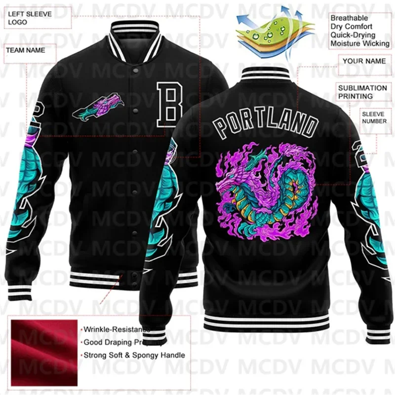 Custom Black White Dragon 3D Pattern Design Bomber Full-Snap Varsity Letterman Jacket