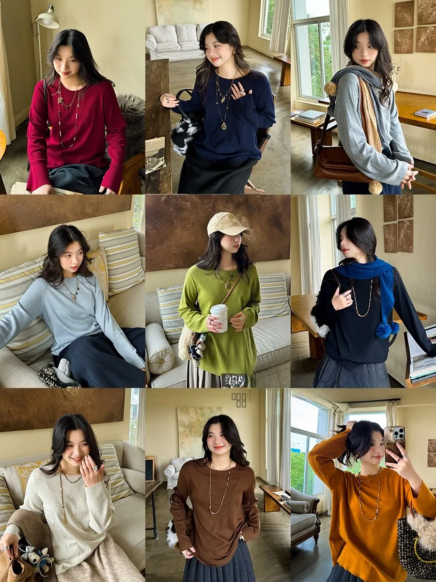 

Soft Silk Cotton Knitwear Base Layer Top Casual Texture Sensation Inner Wear Women's Ele Sle Loose Fit Long Sve