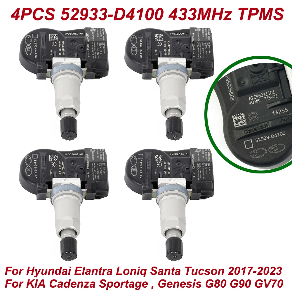

4 шт. 52933-D4100 52933D4100 Датчик давления в шинах TPMS для Hyundai Elantra Santa Fe KIA Niro Optima Sportage 2017-2023 433 МГц