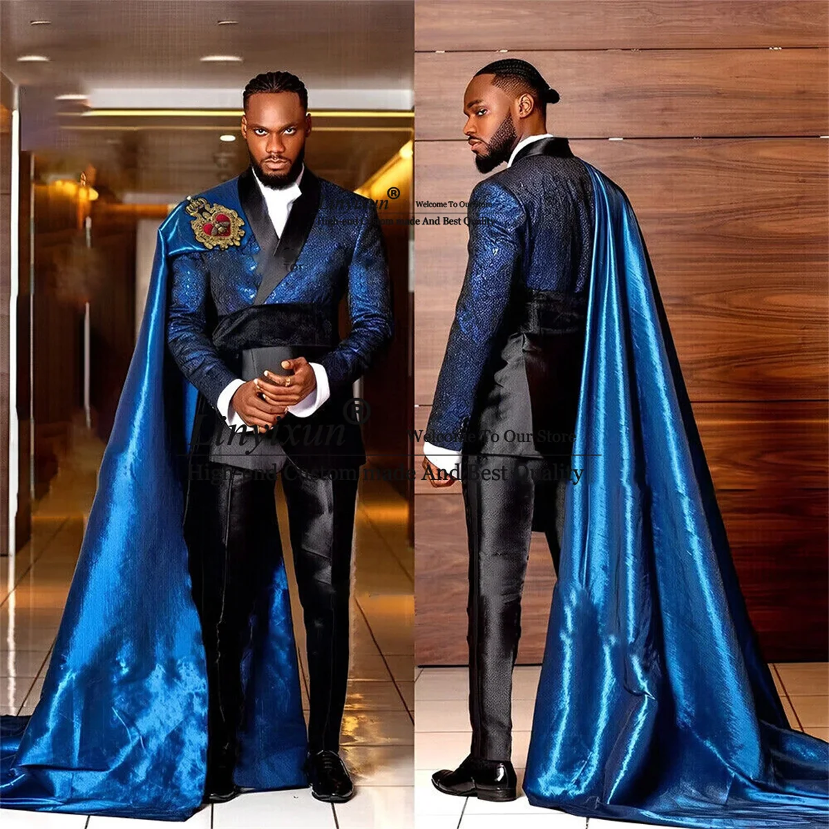 Luxury Shiny Royal Blue Suits For Men 2 Pieces Sets Groom Wedding Tuxedos Long Cape Formal Business Male Blazers terno masculino