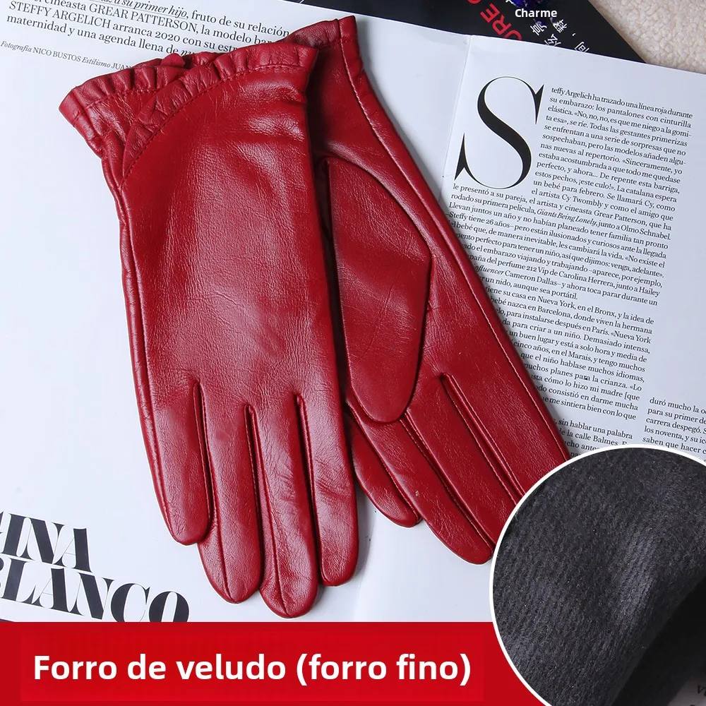 warmen-本革手袋-レディース-冬-ファッション-フリース裏地付き-タッチスクリーン-フローラルトリム-レザーグローブ-l00