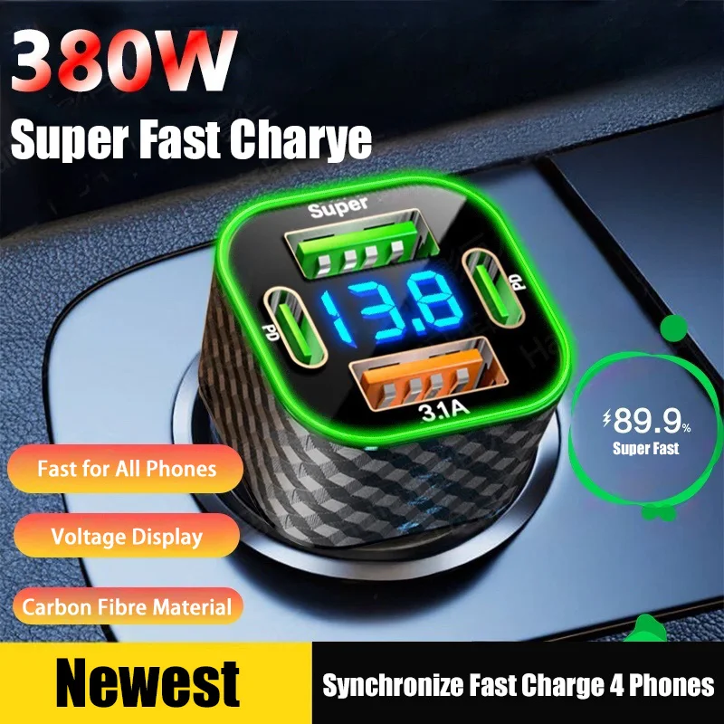 380W Car Phone Charger USB C Dual PD 4 in 1 with Voltage Display Super Fast Charge Adapter For iPhone Xiaomi Oppo Vivo Samsung