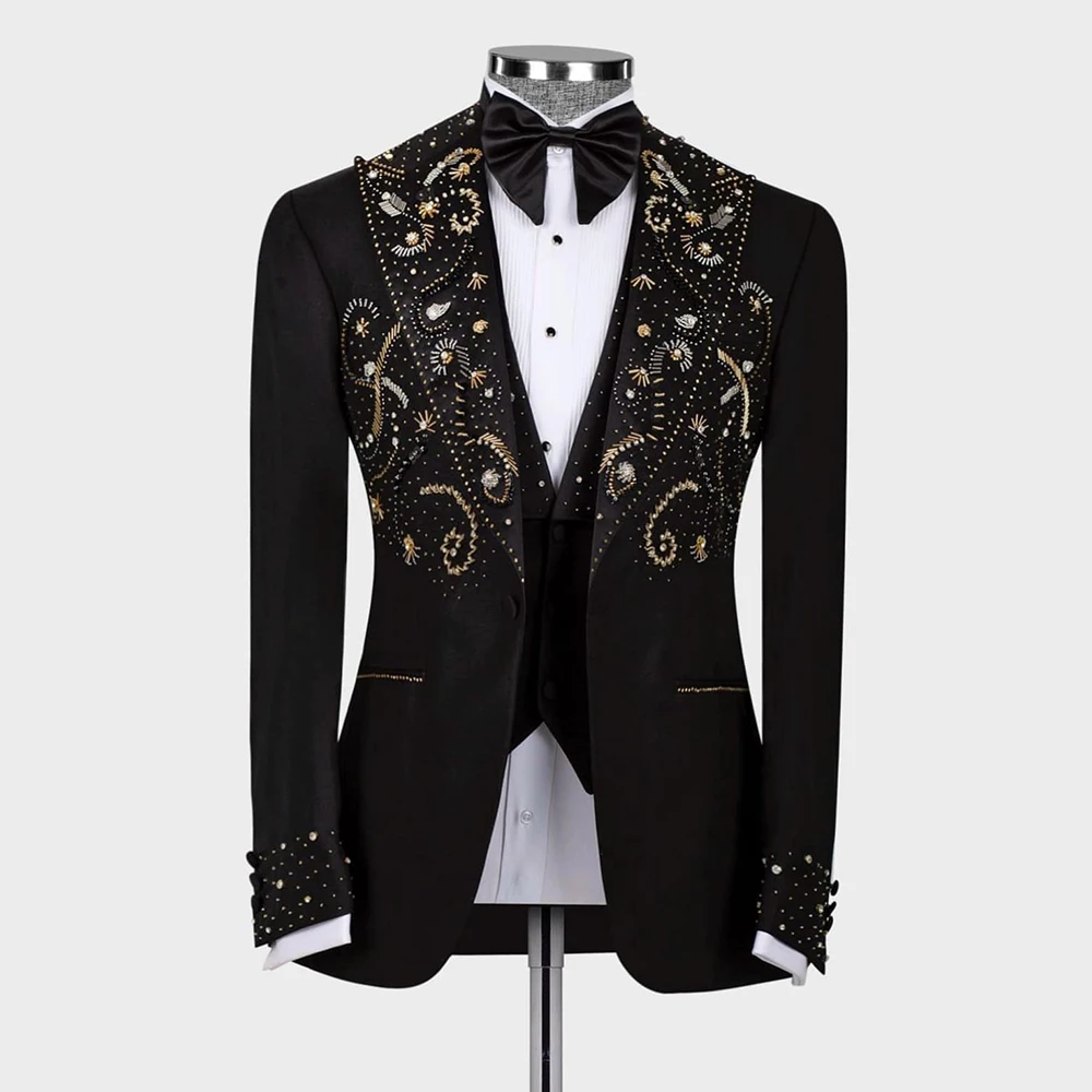 Luxury Men Suit Crystals Beaded Notch Lapel Prom Blazers 3 Pieces Sets Wedding Groom Tuxedos Slim Fit Costume Homme Customized