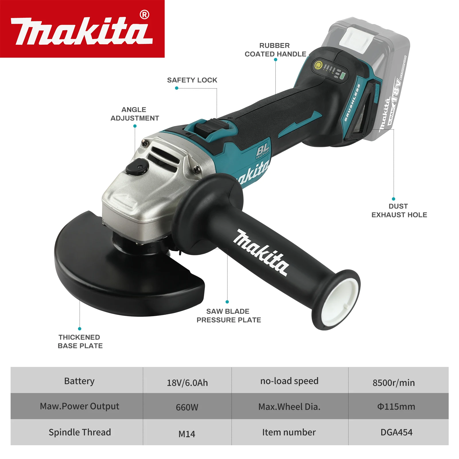 Makita DGA454 18V BL Brushless Angle Grinder 8500r/min 115mm 660W 3-Gear Power Tool for Metal & Wood Board Grinding