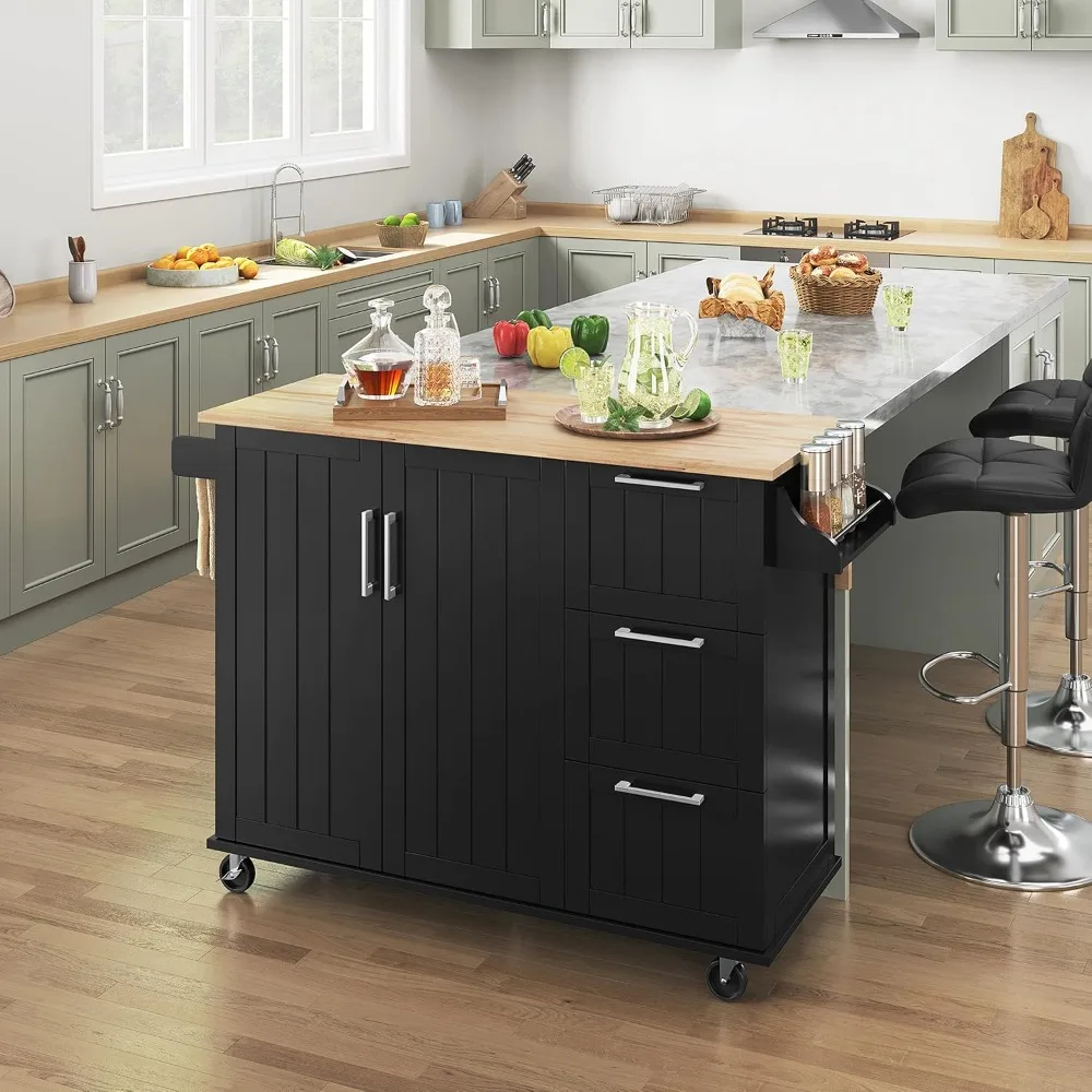 

Rolling kitchen island cart with fallen leaf countertop, storage cabinet, 3 drawers, and spice rack for kitchen dining area