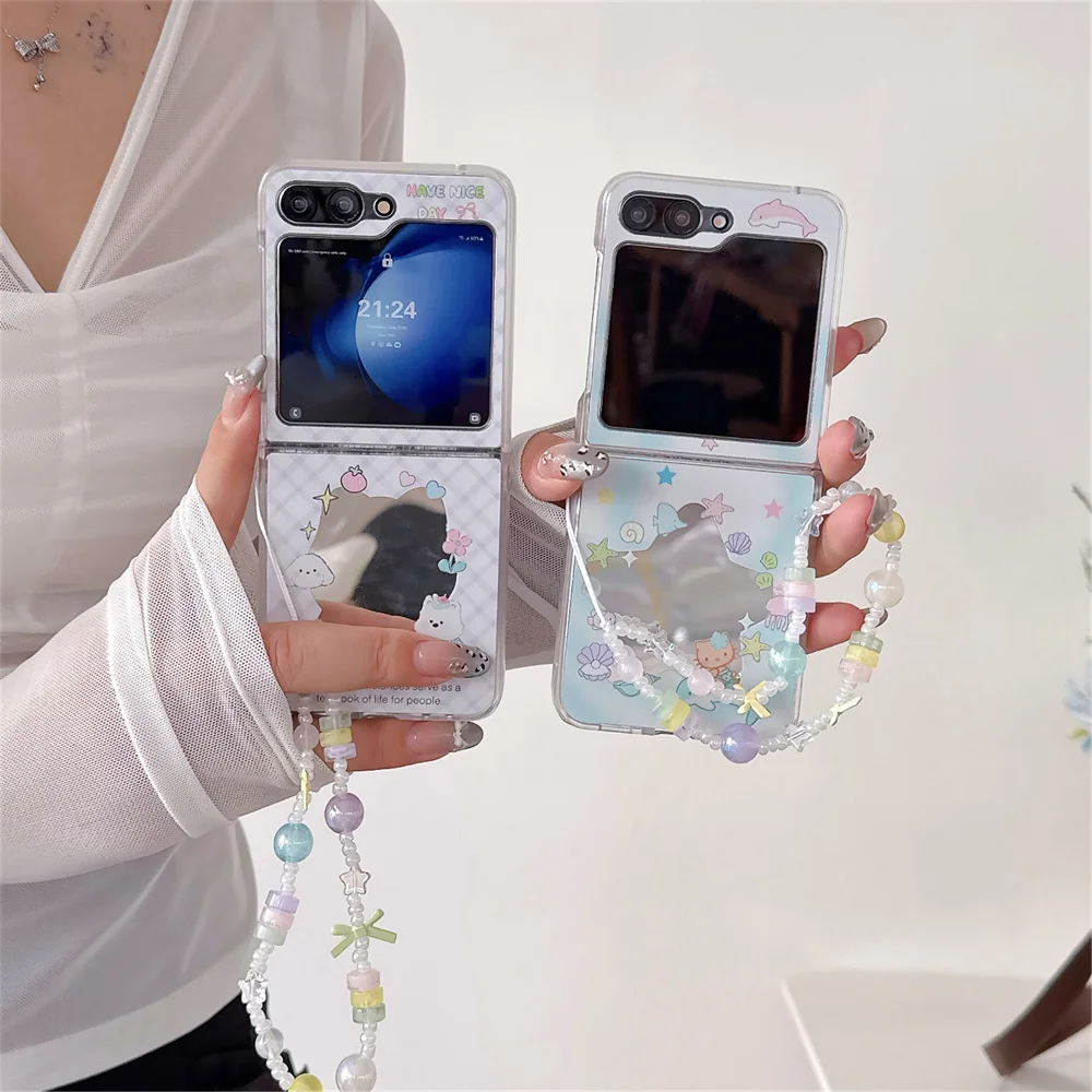 

Korean Cute Hellokitty Star Mirror Phone Case For Samsung Galaxy Z Flip 7 6 5 4 3 Flip6 Flip7 Cover with Chain Kawaii Cases Capa