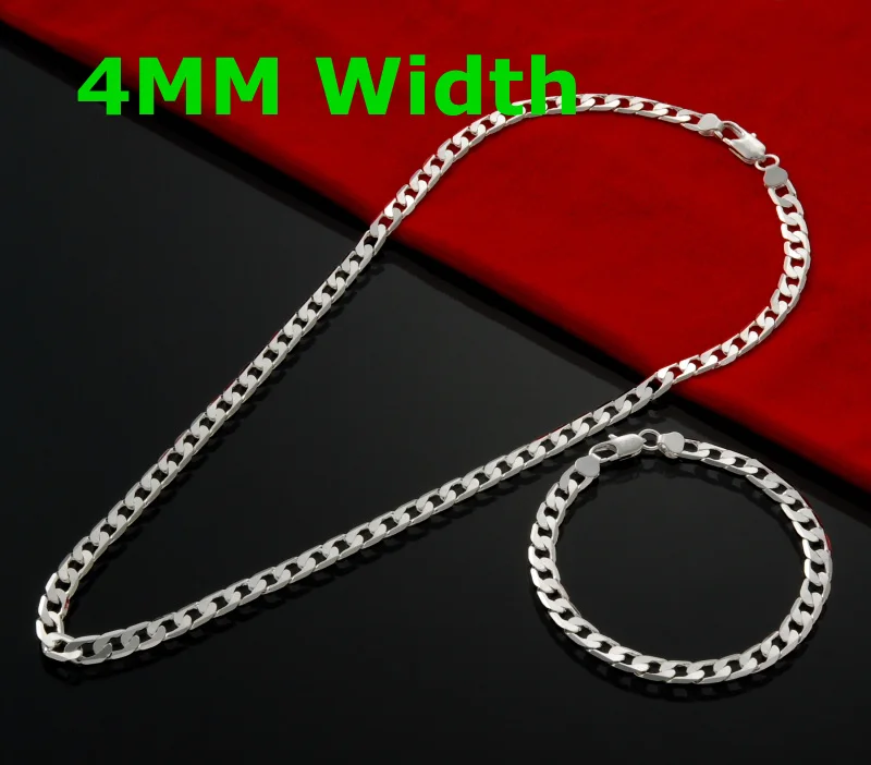 

925 sterling Silver color 4MM Flat Sideways Chain Bracelet Necklace For Women Man fashion party wedding accessories Jewelry gift