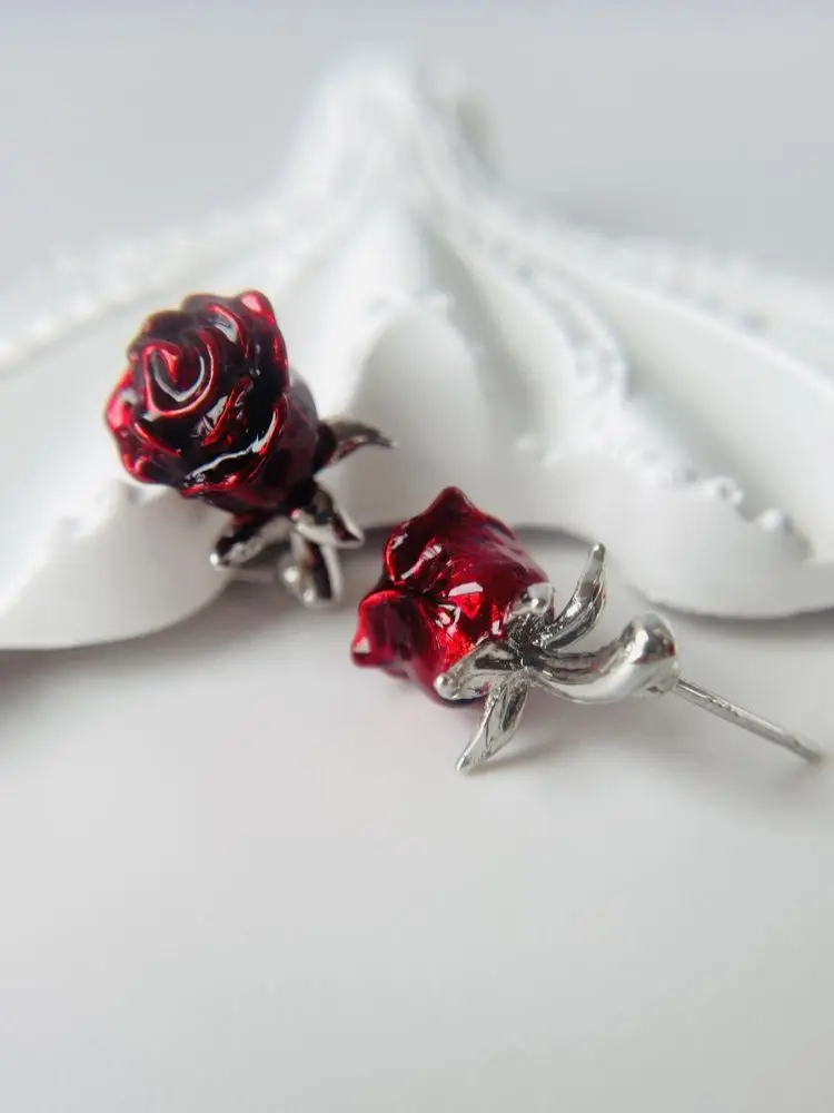 Handmade Vintage Red Rose Flower Stud Earrings