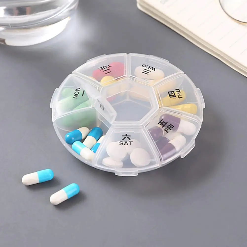 Round Pill Case Plastic 7 Days Weekly Tablet Candy Box Multi-purpose Mini See-through Lid Weekly Pill Container for Travel Home