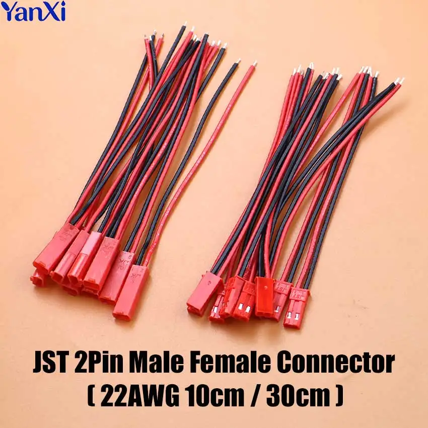 10/20 Stück JST 2-Pin Stecker-Buchse-Verbinder mit 10cm 30cm Kabel für LED-Lichtleisten, RC-Spielzeug, Batterien, DIY, Rot-Schwarz Anschlusskabel