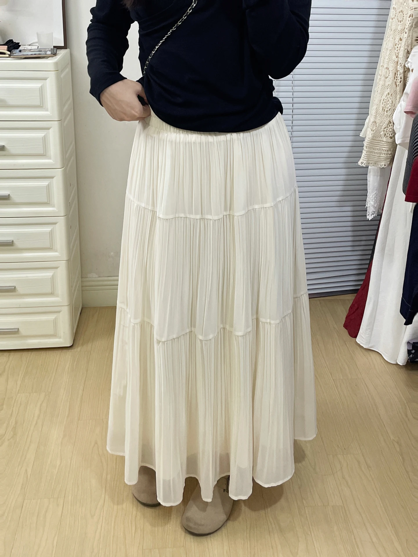 

High Waist Pleated Skirt Women plus Size White Half Body Skirts Summer Slimming Gauzy Long Skirts Polyester Fiber Elasticity