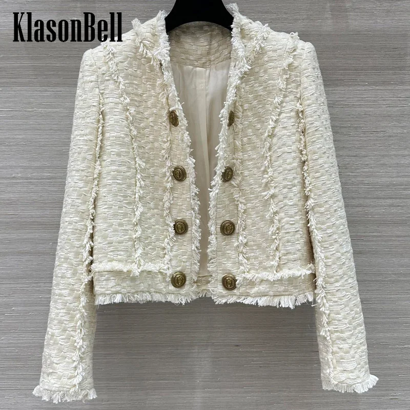 

8.25 KlasonBell Women Clothes Sweet Elegant Metal Button Double Breasted Weave Plaid Jacket Tassel Spliced O-Neck Short Coat