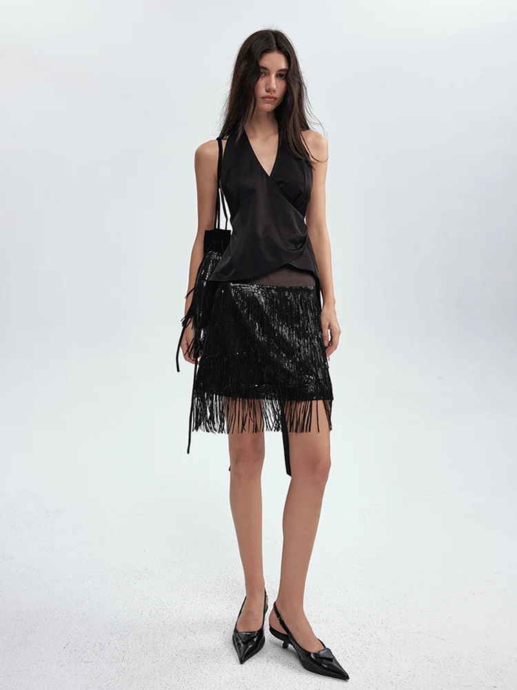 

Low Waist Layered Beaded Fringe ort Skirt Ele Sle Straight Cut Polyester Fiber Ci Walk Spring Season Ladies Skirt