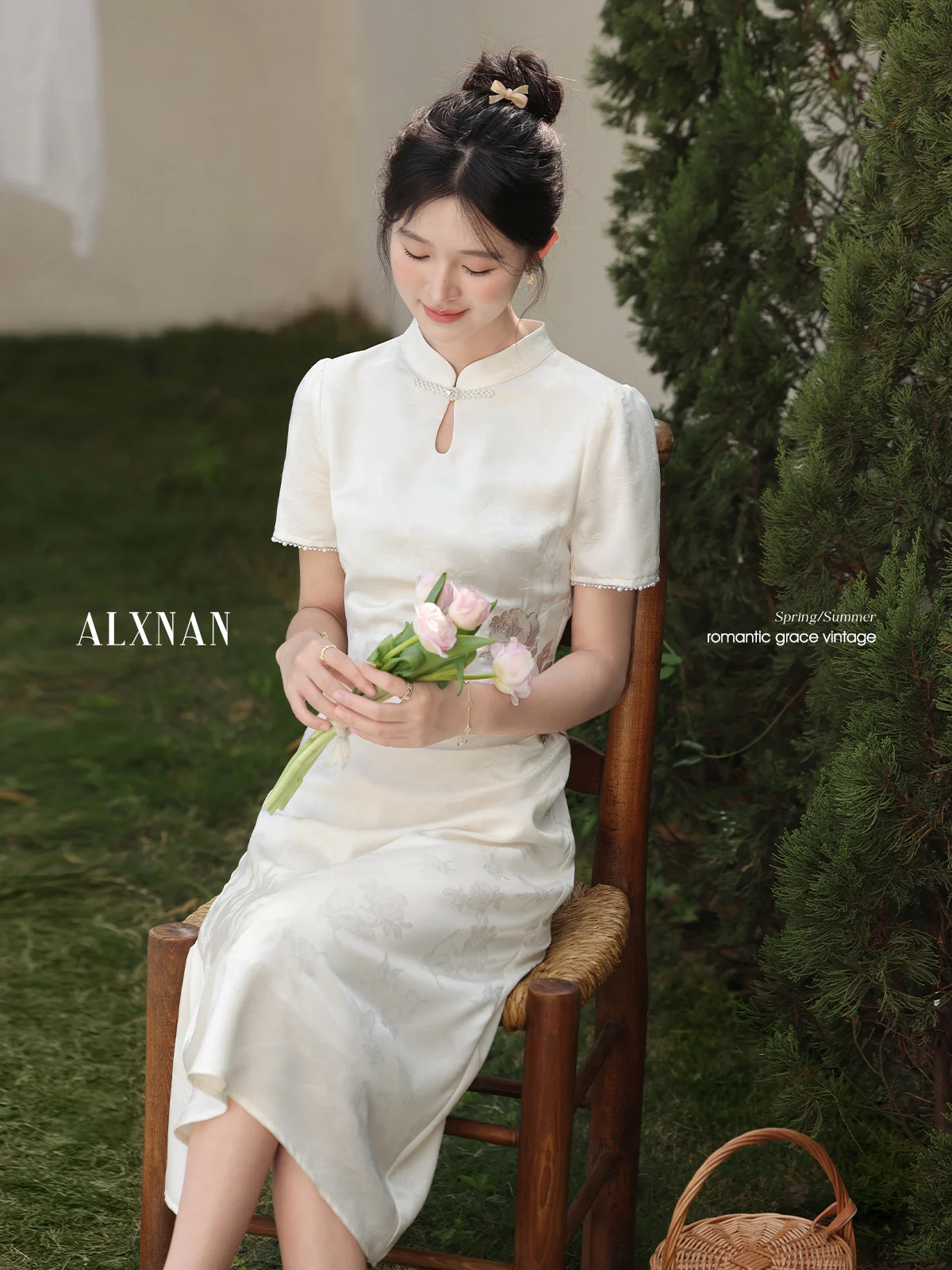 Nouveau chinois Sle Midi Dr Yellowi Beige femmes Dr été nouveauté Ele a-ligne jupe motif Floral rond Ne