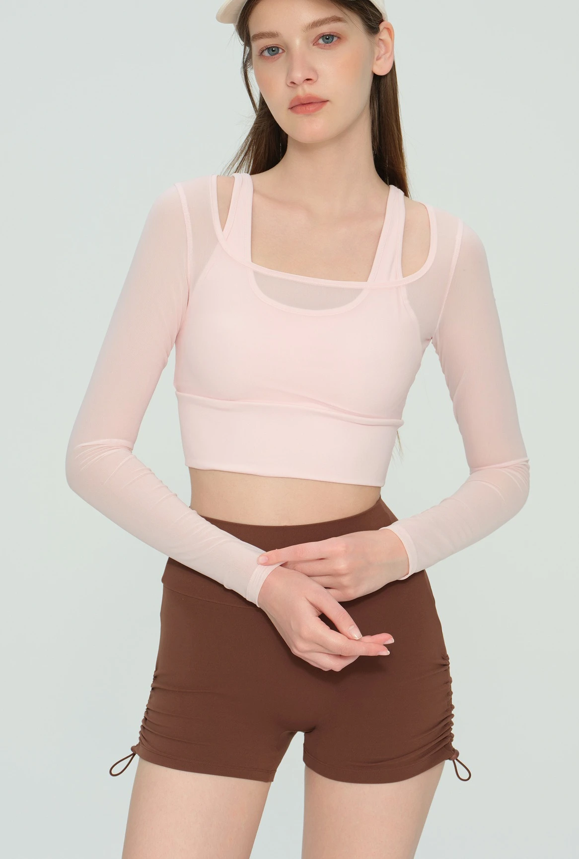 

Women's Long-Sleeved Mesh Sports Top with Chest Cushion for Running Pilates Training Fitness Two-Piece Workout Suit