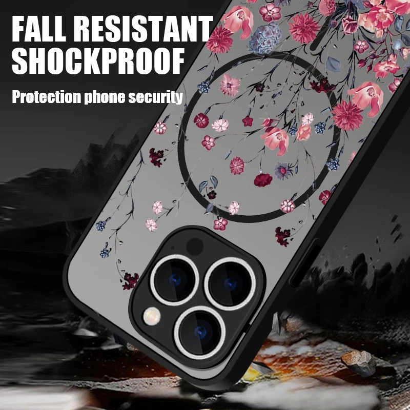 Durchscheinende, matte Handyhülle für iPhone 18, 17, 17e, 16, 15 Pro, 14, 13 Pro Max, mit Magsafe-Funktion, bunter Blumenmuster-Druck auf der Rückseite. – Detail 1