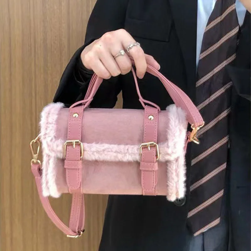 

Fashionable Women's Autumn and Winter PU Leather Plush Off-road Tote Bag New Style Multifunction Korean Edition Small Square Bag