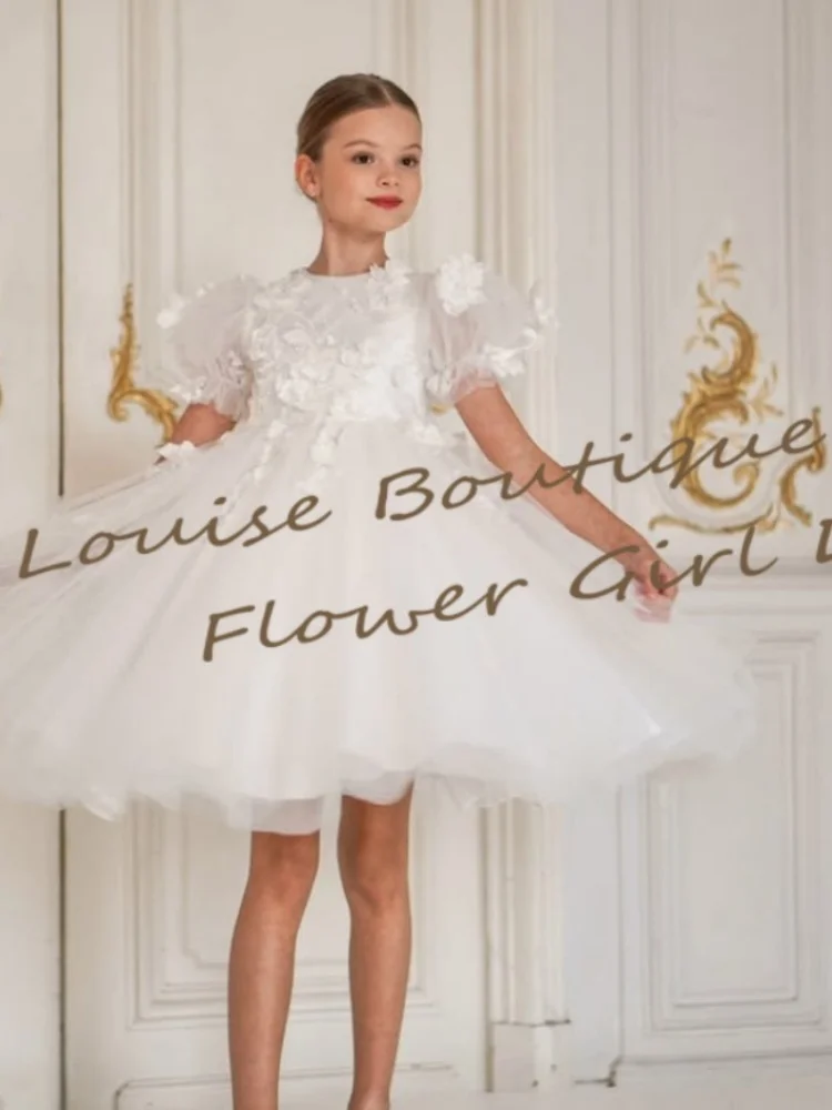 فستان فتاة الزهور الجنية برقبة دائرية وأكمام قصيرة مزين بالدانتيل فساتين تول لحفلات الزفاف للفتيات أول مناولة رداء حفلات أعياد الميلاد