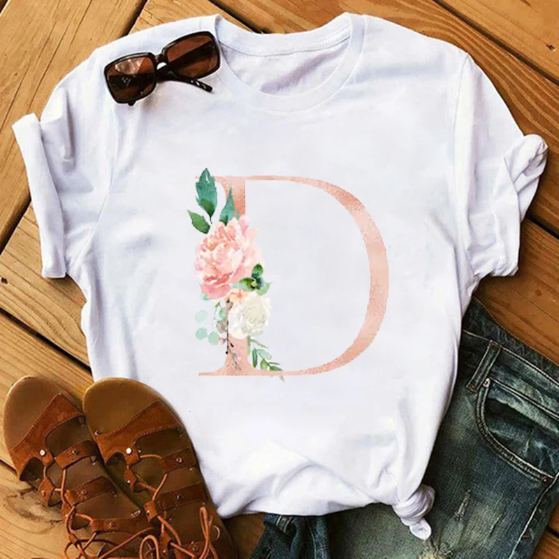 New Female T-shirts Pink Letter Flower Women T Shirts Harajuku Fashion Thin Section Tees Tops Clothes 90s Kawaii Shirts