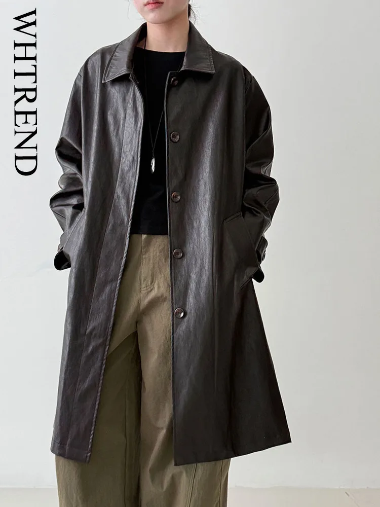 Whtrend jaqueta de couro pu de alta qualidade para mulheres lapela único breasted versátil casacos pretos de comprimento médio primavera outono novo wh2056