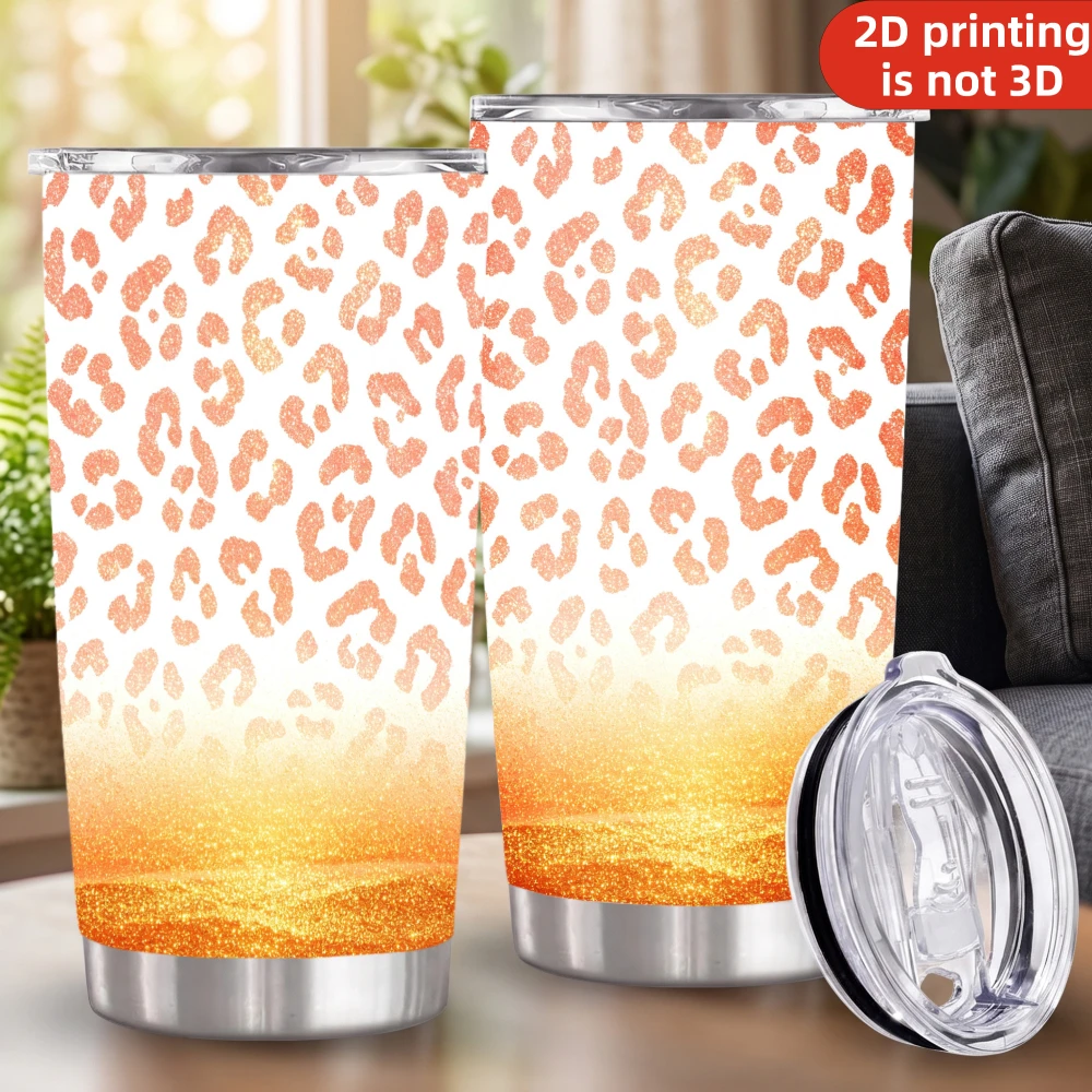 20oz Orange Gold Glitter Leopard Print Stainless Steel Tumbler with Lid and Straw, Amber Sunshine Cheetah Spots Sparkle Ombre Vacuum Insulated Travel Coffee Mug Gifts