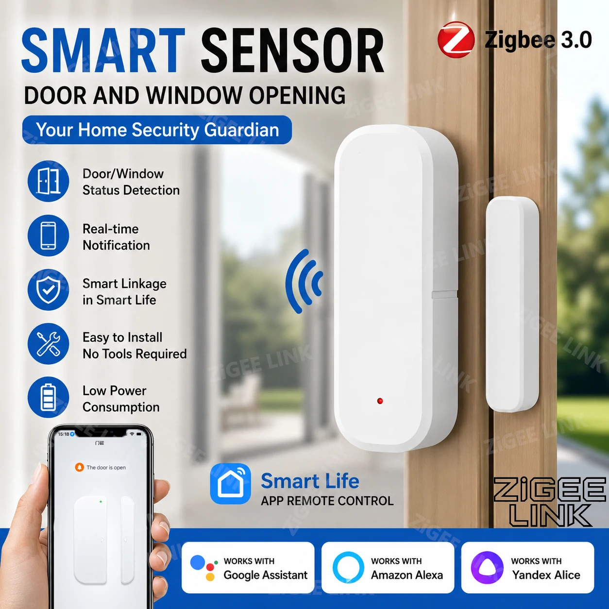 Zigbee Door Window Anti-Theft Detector Wireless Magnetic Contact Security Sen...
