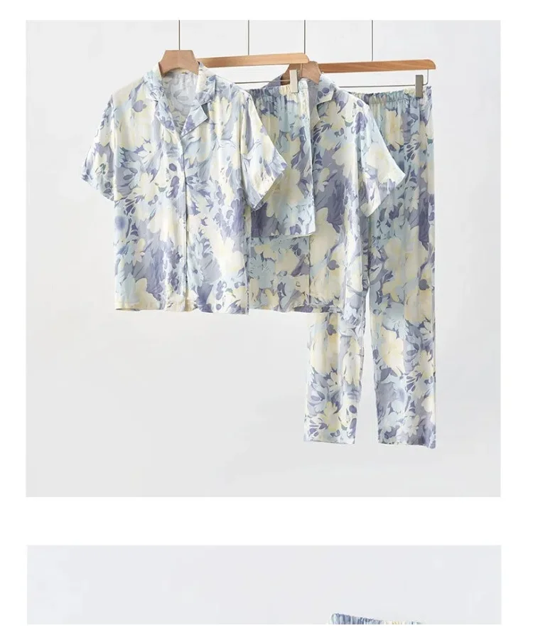 

Women's Summer New Arrival Pajama Set - Lightweight Rayon Satin, Vintage Oil Painting Print, Short Sleeves & Long Pants, Loungew