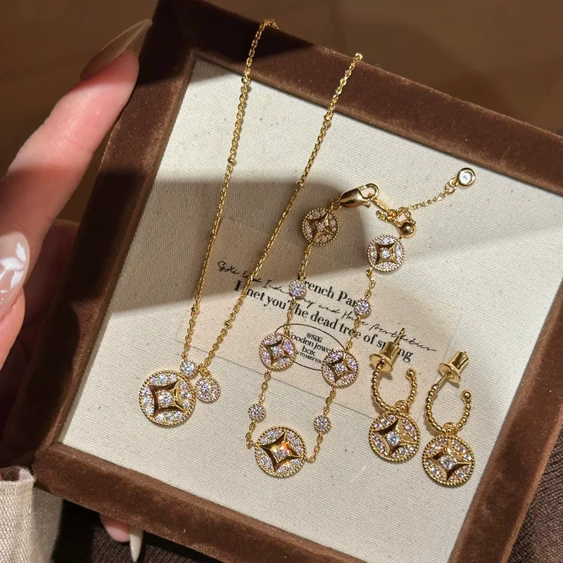New Chinese style Copper Coin Necklace Fashionable Light Luxury Zircon Money Bracelet Coin Earrings for Women Jewelry Set KOFSAC