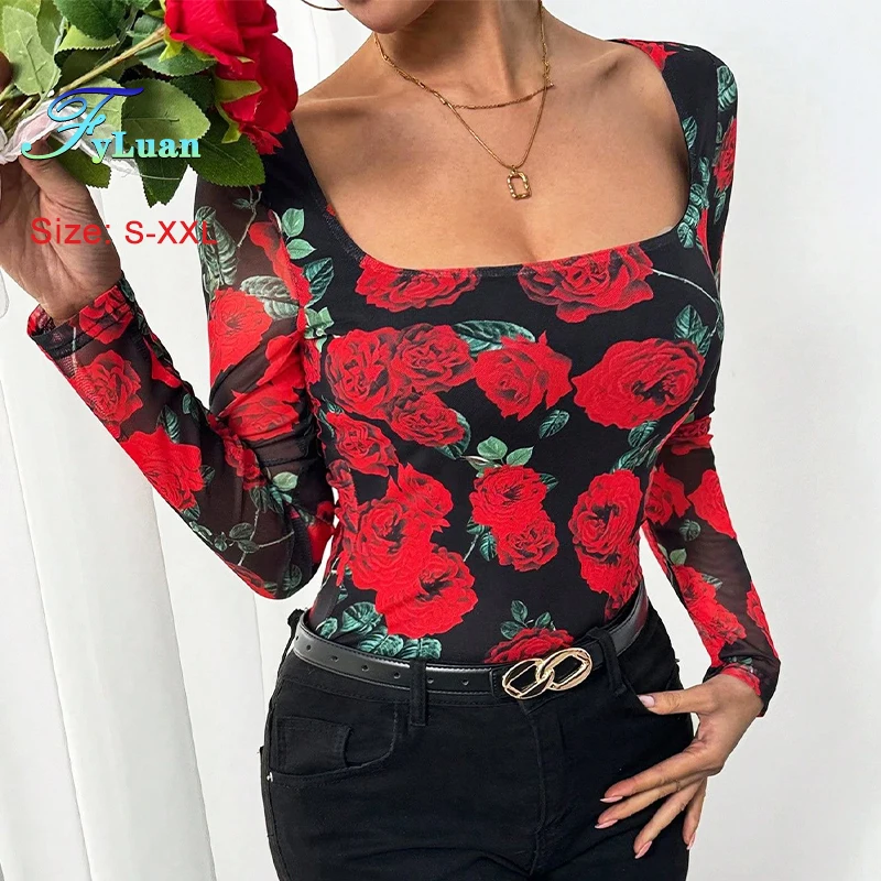 2025 النمط الفرنسي U الرقبة المرأة تي شيرت رومانسية زهرة الورد شبكة مطبوعة ساحة طوق كم طويل البلوز أنيقة سليم #4