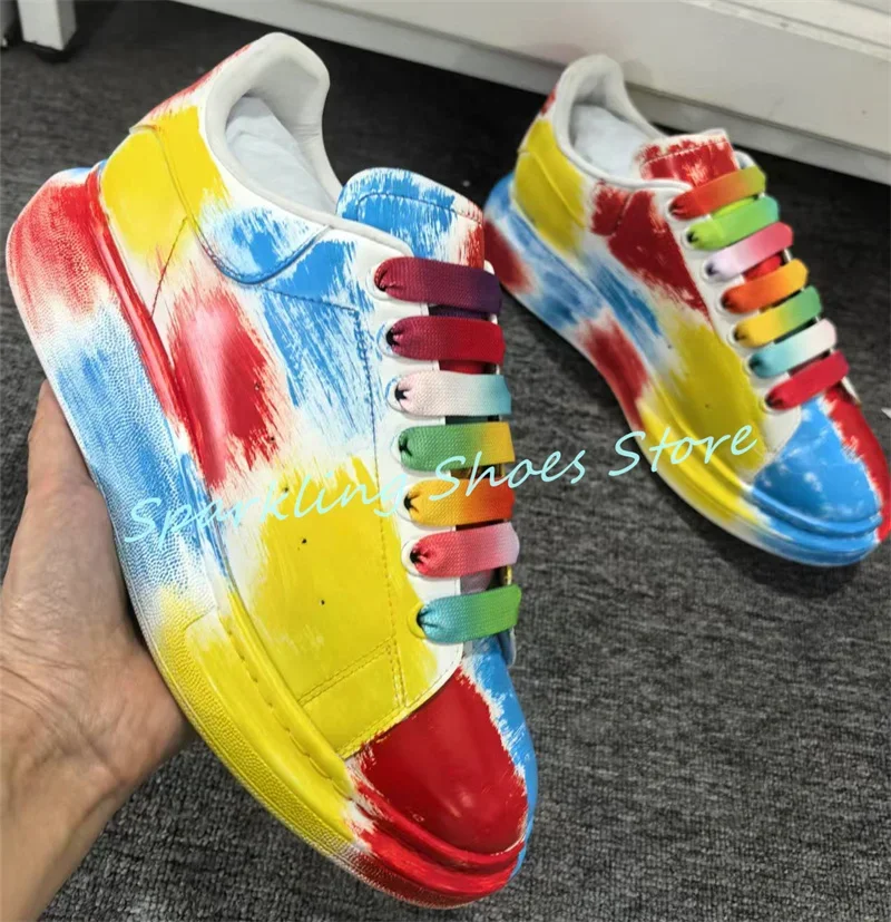 

Rainbow Graffiti Prints Male Genuine Leather Sport Shoes Chunky Bottom Lace-Up Casual Sneakers for Men Design Running Shoes