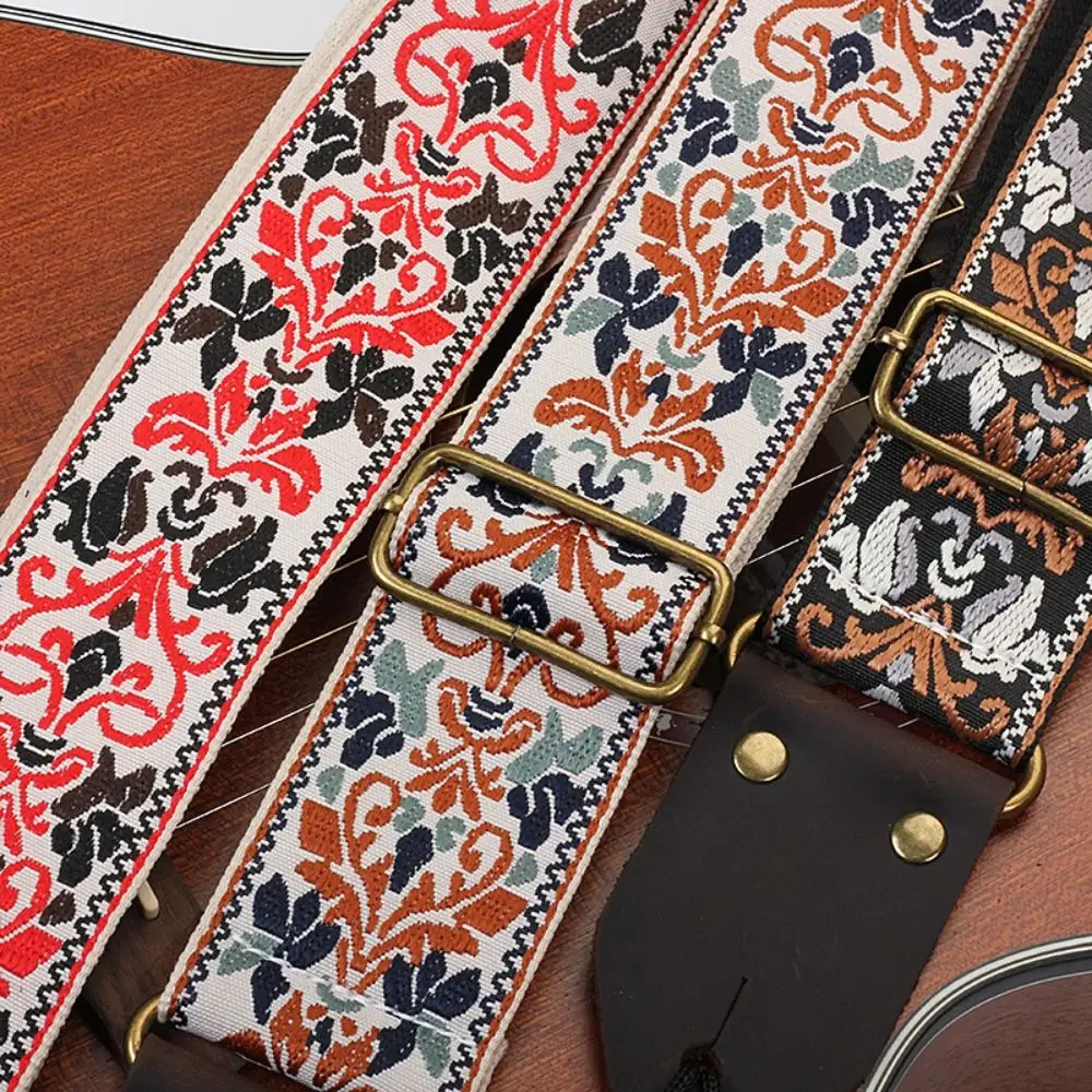 Vintage Flowers Embroidered Guitar Strap Leather Head Tail Nail Pick Guitar Strap Belt Adjustable Cotton Electric Guitar Belt