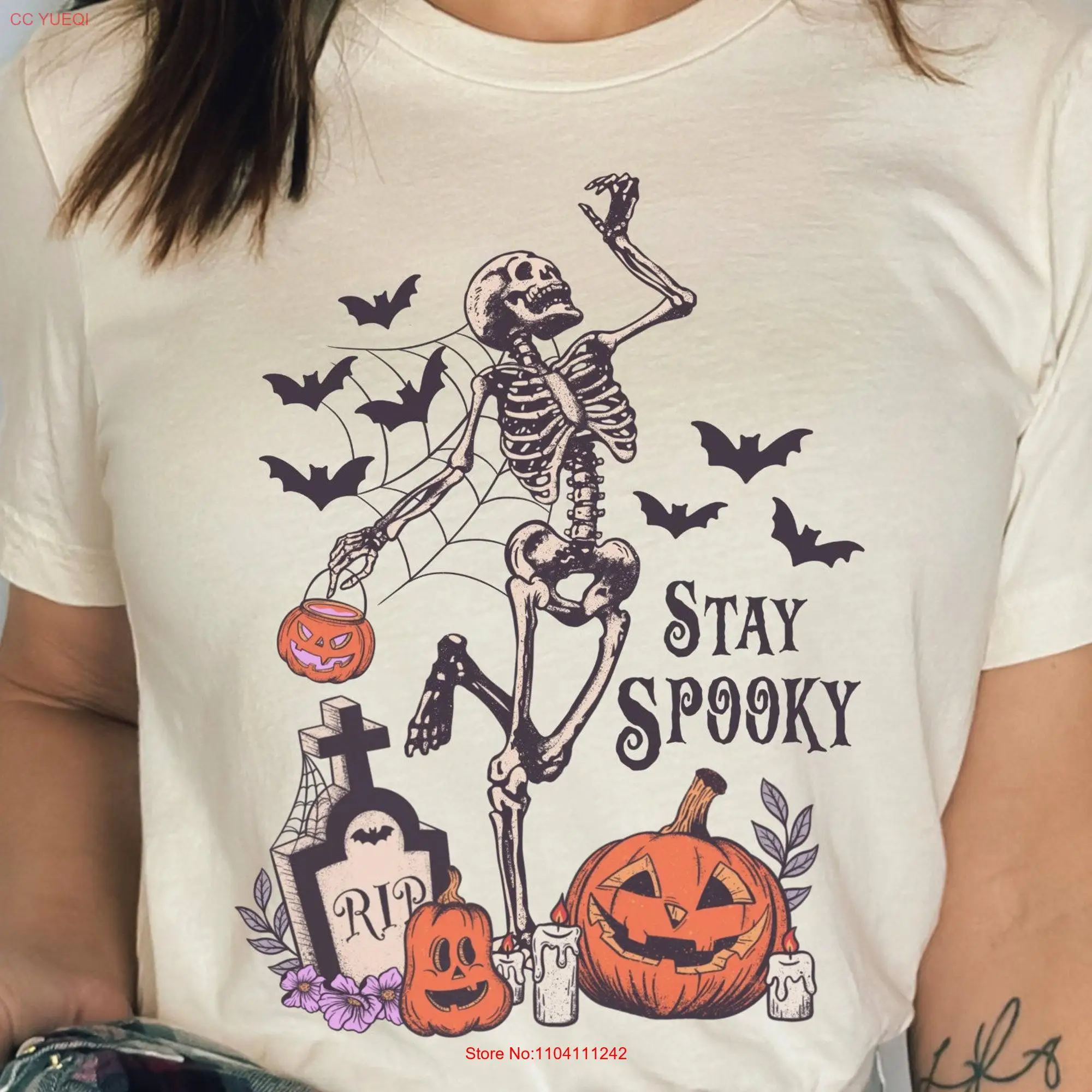 Stay Spooky Skeleton T Shirt Cute Women's Festive Halloween Trendy Creepy Season Retro Trick Or Treat Fall Vibes