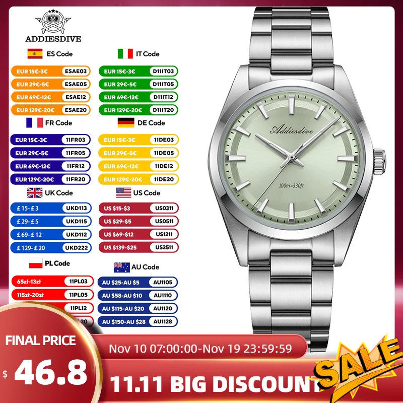 

ADDIESDIVE 36 мм мужские часы BGW9 Luminou Bubble Mirror Glass из нержавеющей стали 316L Reloj Hombre 100 м водонепроницаемые кварцевые часы AD2066