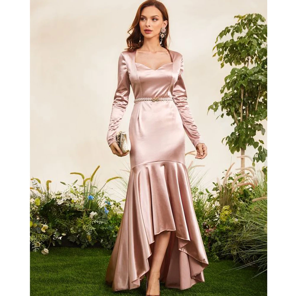 Pretty Pink Women Winter Prom Dresses Full Sleeves Floor Length Asymmetrical Elegant Designer Female Female Banquet Party Gowns